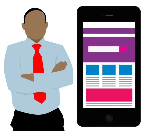 Illustration of a businessman holding a mobile phone displaying a mobile marketing dashboard