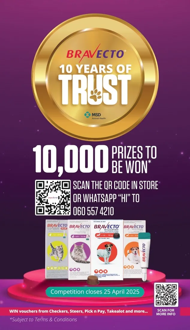 Bravecto 10 Years of Trust campaign artwork — 10,000 prizes to be won including vouchers from Checkers, Steers, Pick n Pay and Takealot