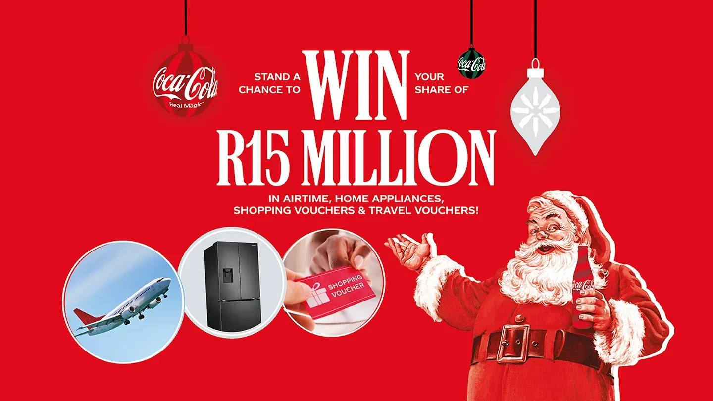 Coca-Cola Christmas campaign artwork — stand a chance to win your share of R15 million in airtime, home appliances, shopping vouchers and travel vouchers