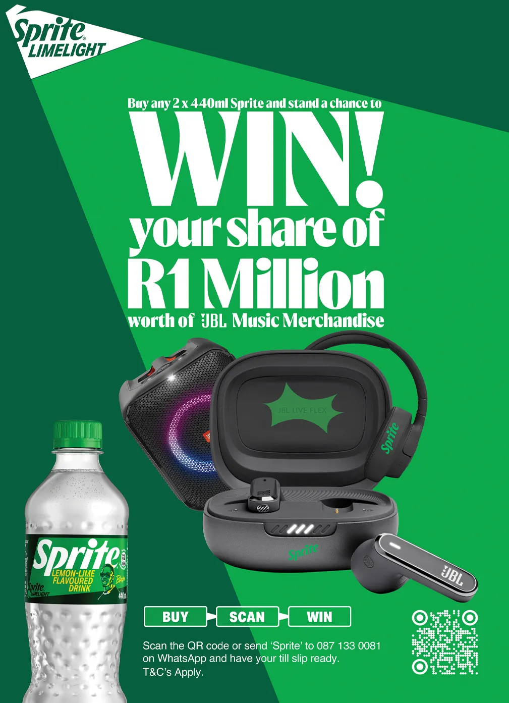 Sprite Limelight campaign artwork — buy any 2 x 440ml Sprite and win your share of R1 million worth of JBL music merchandise