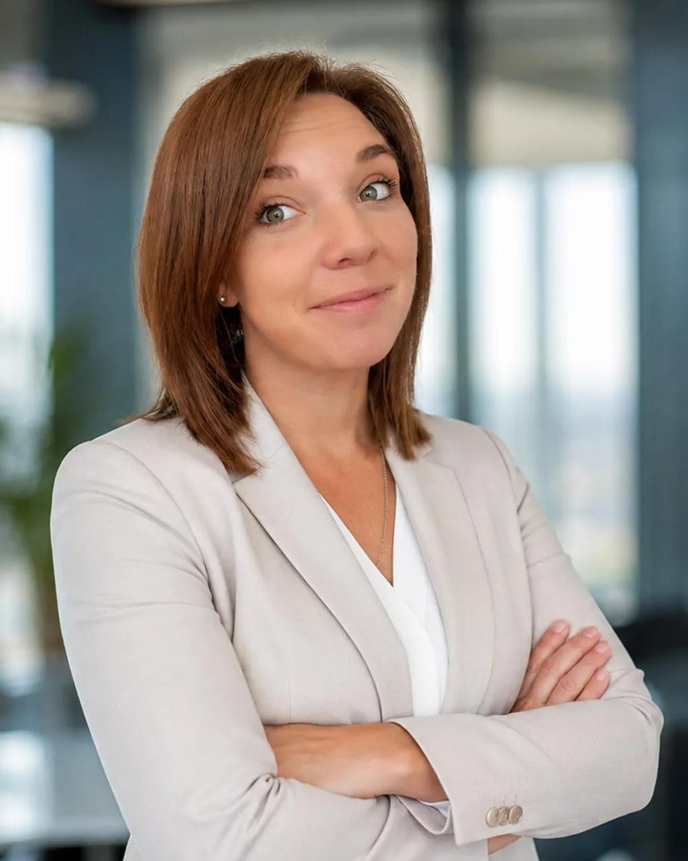 Sarah-Leigh Brown, Marketing lead at Vaultbook, in a cream blazer